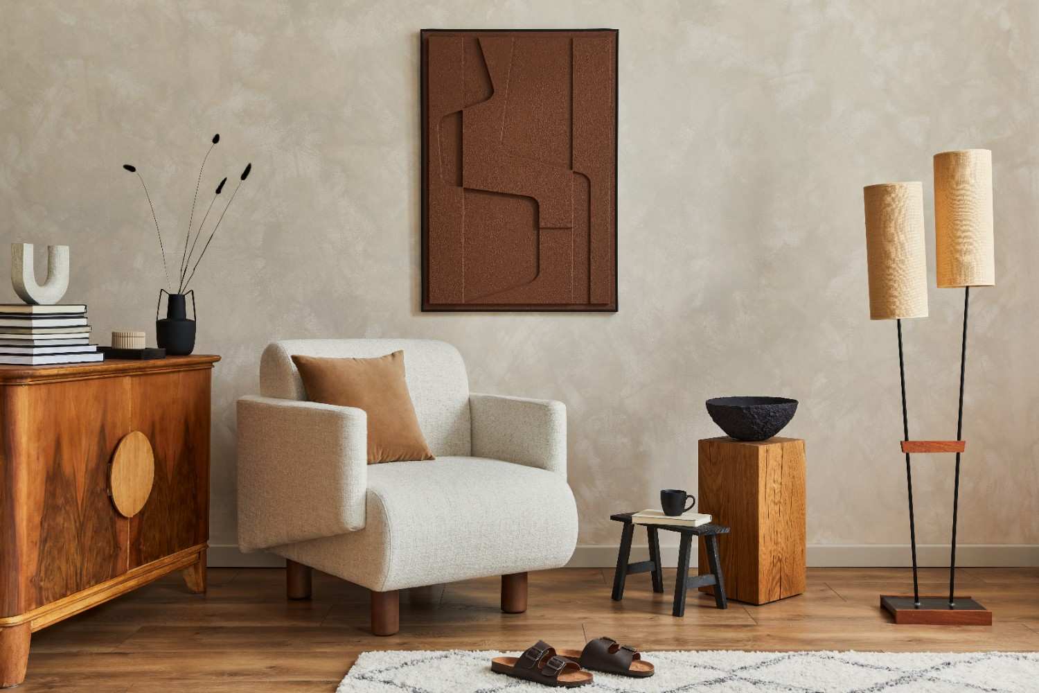 Linen upholstery for sofa in Singapore in a warm minimalist home 