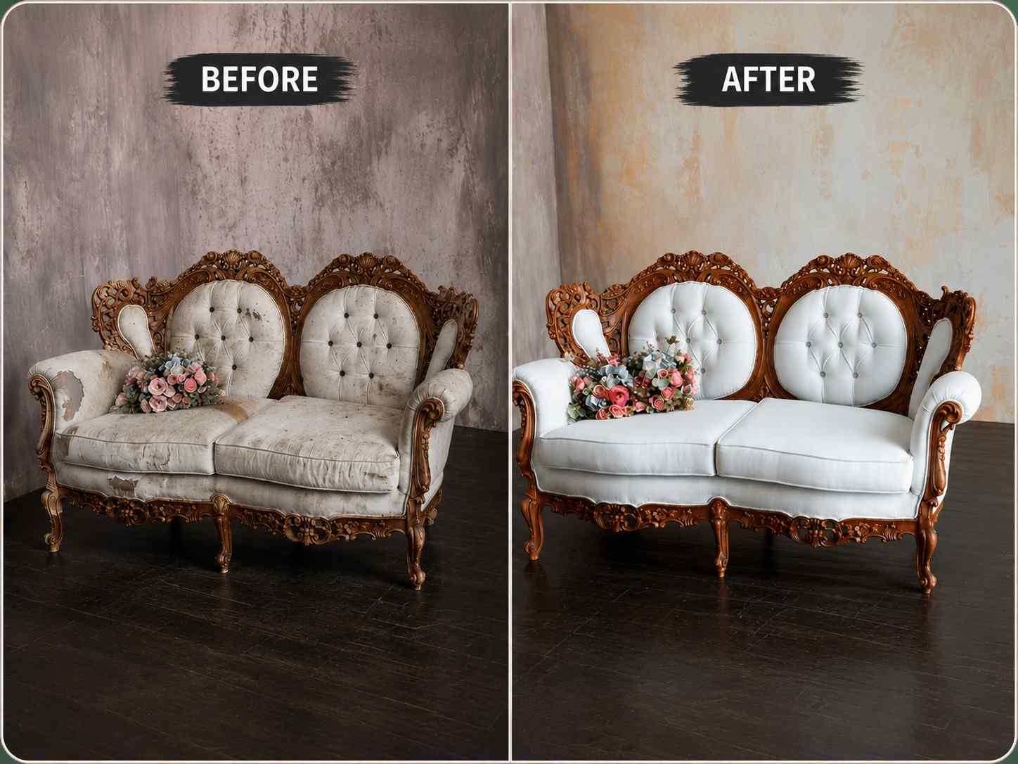 Before and after transformation of a vintage sofa with professional reupholstery in Singapore 