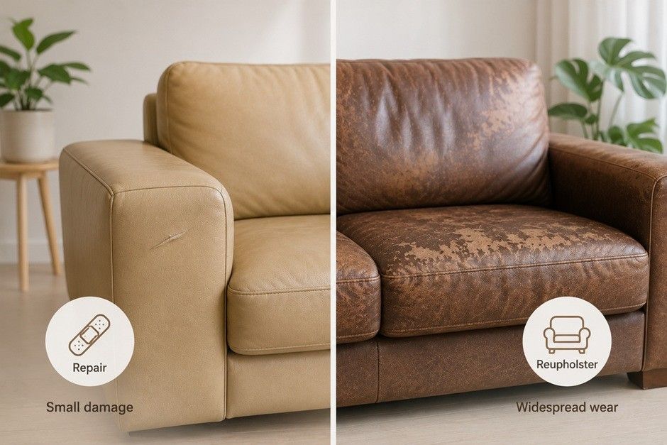 Restored leather sofa after professional reupholstery by Loft Furniture & Fabric - sofa repairs Singapore 