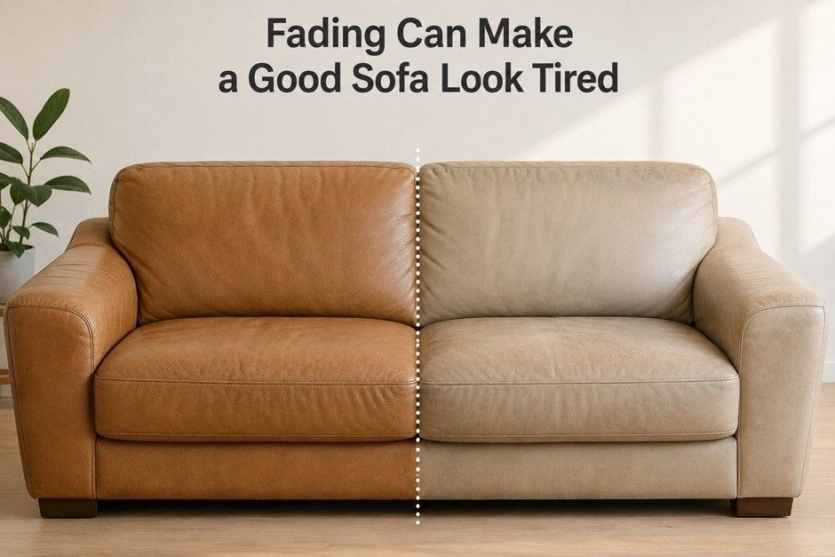 Peeling leather sofa upholstery showing cracking and fading damage - professional leather sofa upholstery service Singapore 